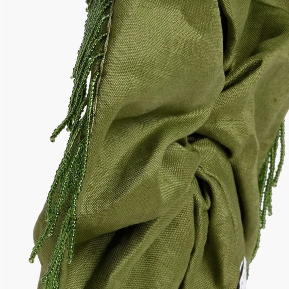 NWT Ganni Fringed Bead-Embellished Linen Hair Scrunchie Tie in Chartreuse Green - Picture 2 of 8